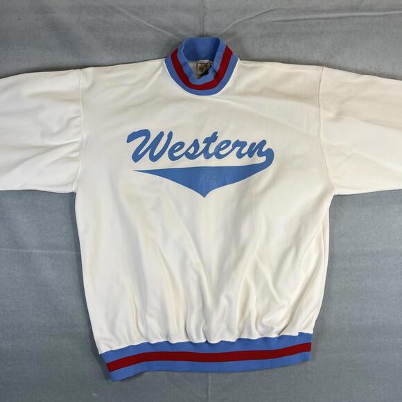 VTG 70s Russell Athletic Western Sweatshirt Mens Large White Blue Ribbed Rare - Picture 3 of 9